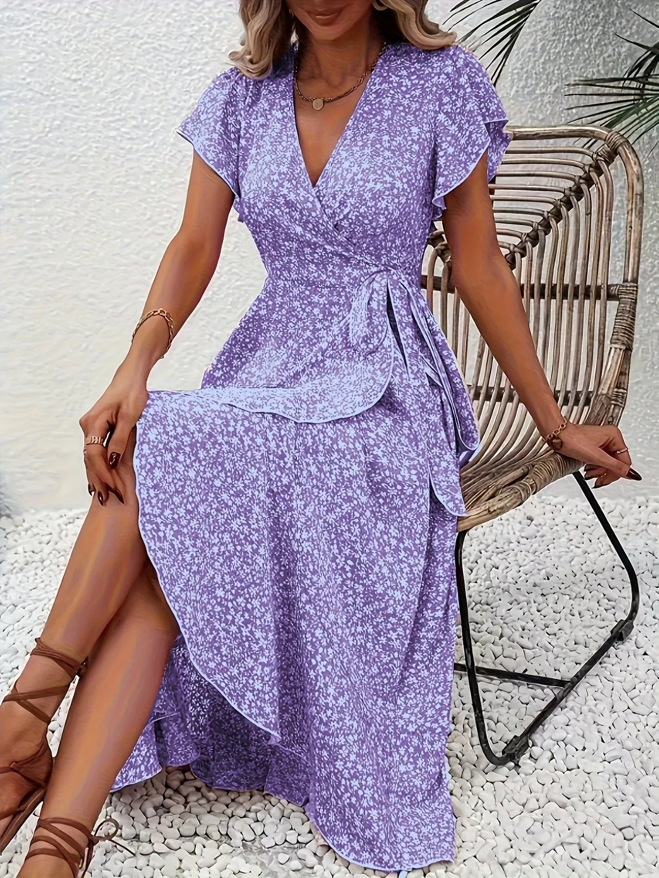 Floral Print Ruffle Hem Wrap Midi Dress view 5 - Shopiebay