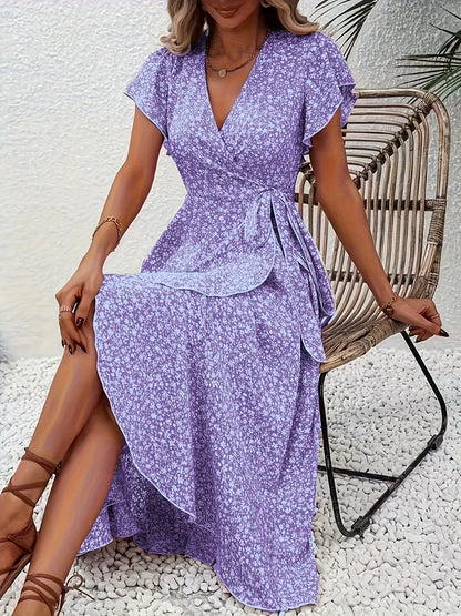 Floral Print Ruffle Hem Wrap Midi Dress view 5 - Shopiebay