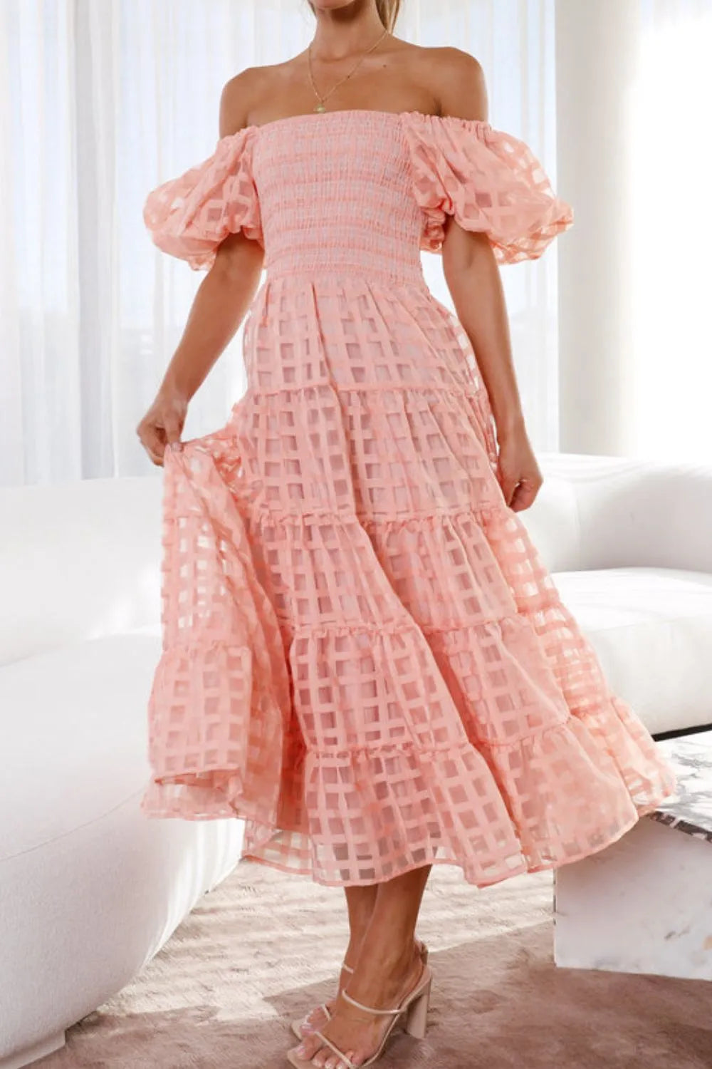 Off Shoulder Short Puff Sleeve Midi Dress view 6 - Shopiebay
