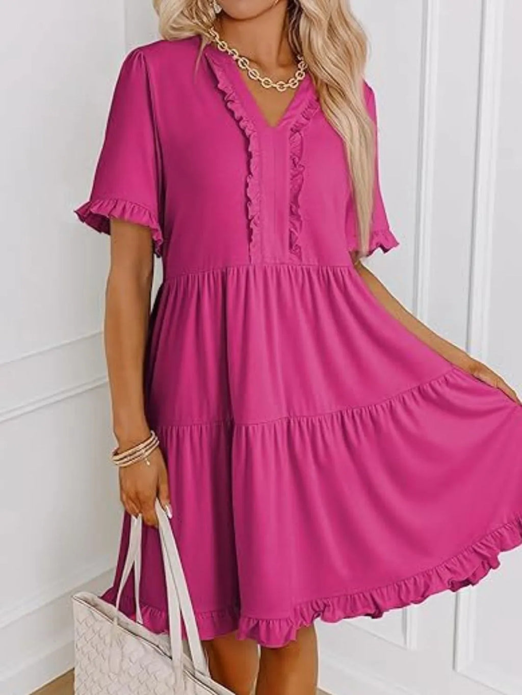 Tiered Notched Short Sleeve Mini Dress - product image 8