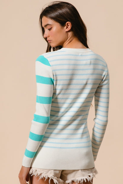 BiBi Contrast Striped Asymmetrical Hem Knit Top