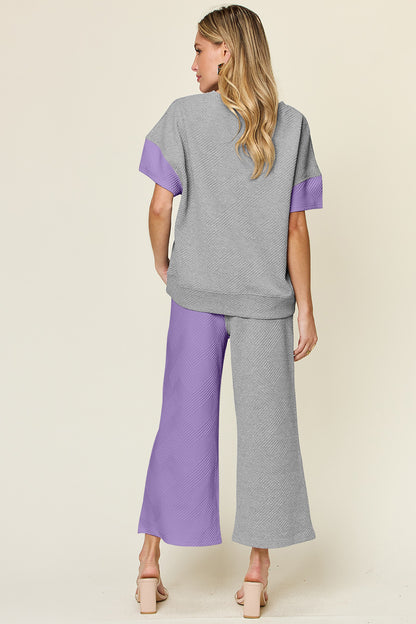 Double Take Full Size Texture Contrast T-Shirt and Wide Leg Pants Set