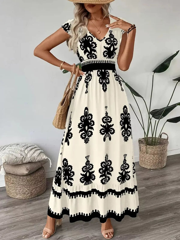 Printed V-Neck Ruffled Cap Sleeve Dress - product image 4