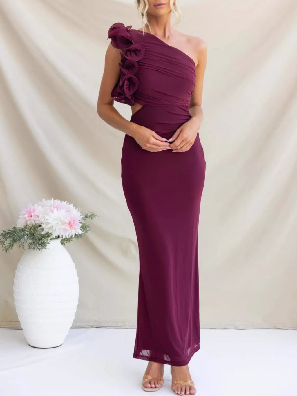 One-Shoulder Floral Trim Sleeveless Maxi Dress - product image 9