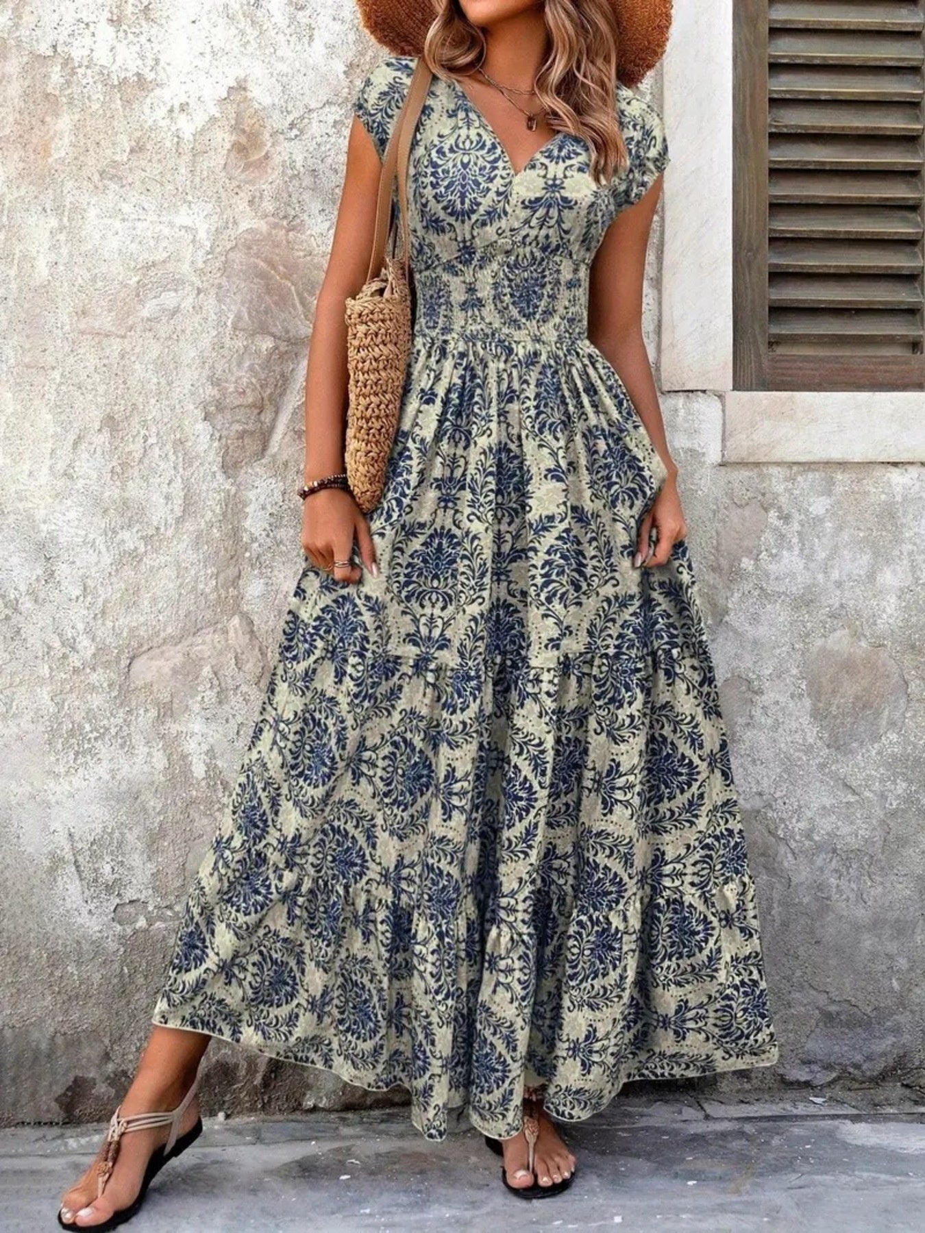 Printed Cap Sleeve Maxi Dress view 2 - Shopiebay