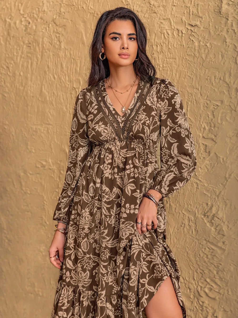 Ruched Printed V-Neck Long Sleeve Midi Dress - product image 3