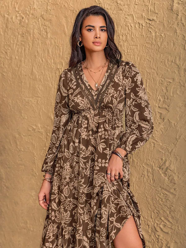 Ruched Printed V-Neck Long Sleeve Midi Dress - product image 3