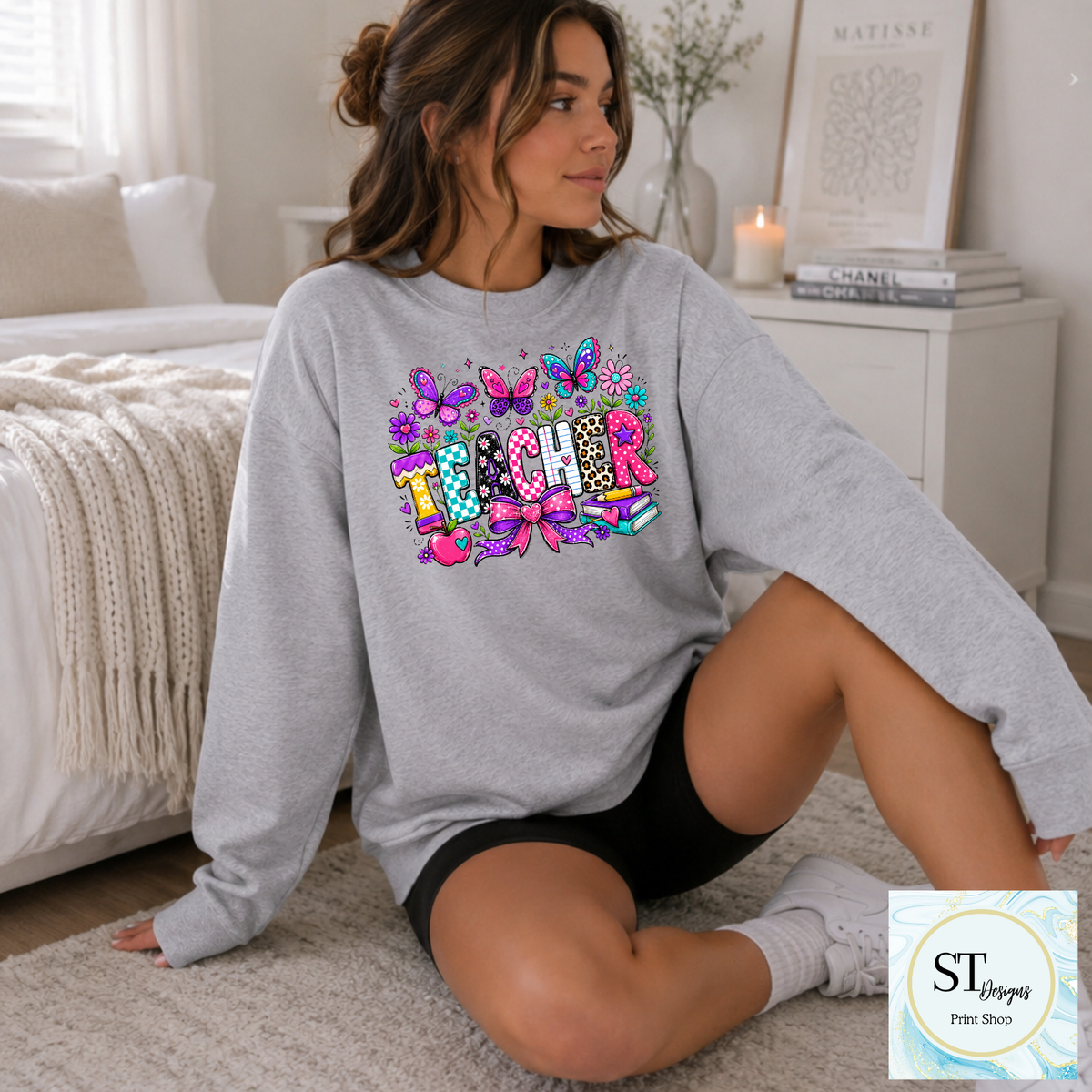 Colorful Butterfly Teacher Crewneck Sweatshirt | Cute Butterfly Floral Teacher Sweatshirt | Teacher Appreciation Gift | Back to School | Unisex S-5XL Main image