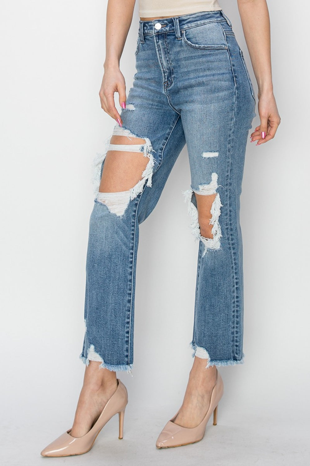 RISEN High Rise Distressed Crop Straight Jeans