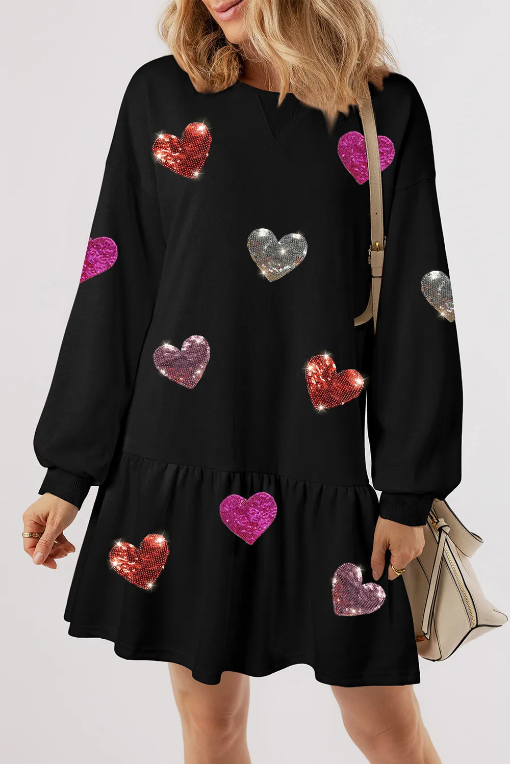 Sequin Heart Round Neck Long Sleeve Mini Dress - product image 6