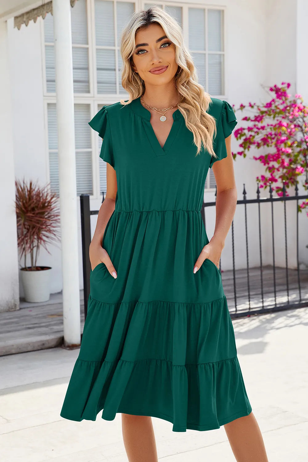 Ruched Notched Cap Sleeve Dress Main image