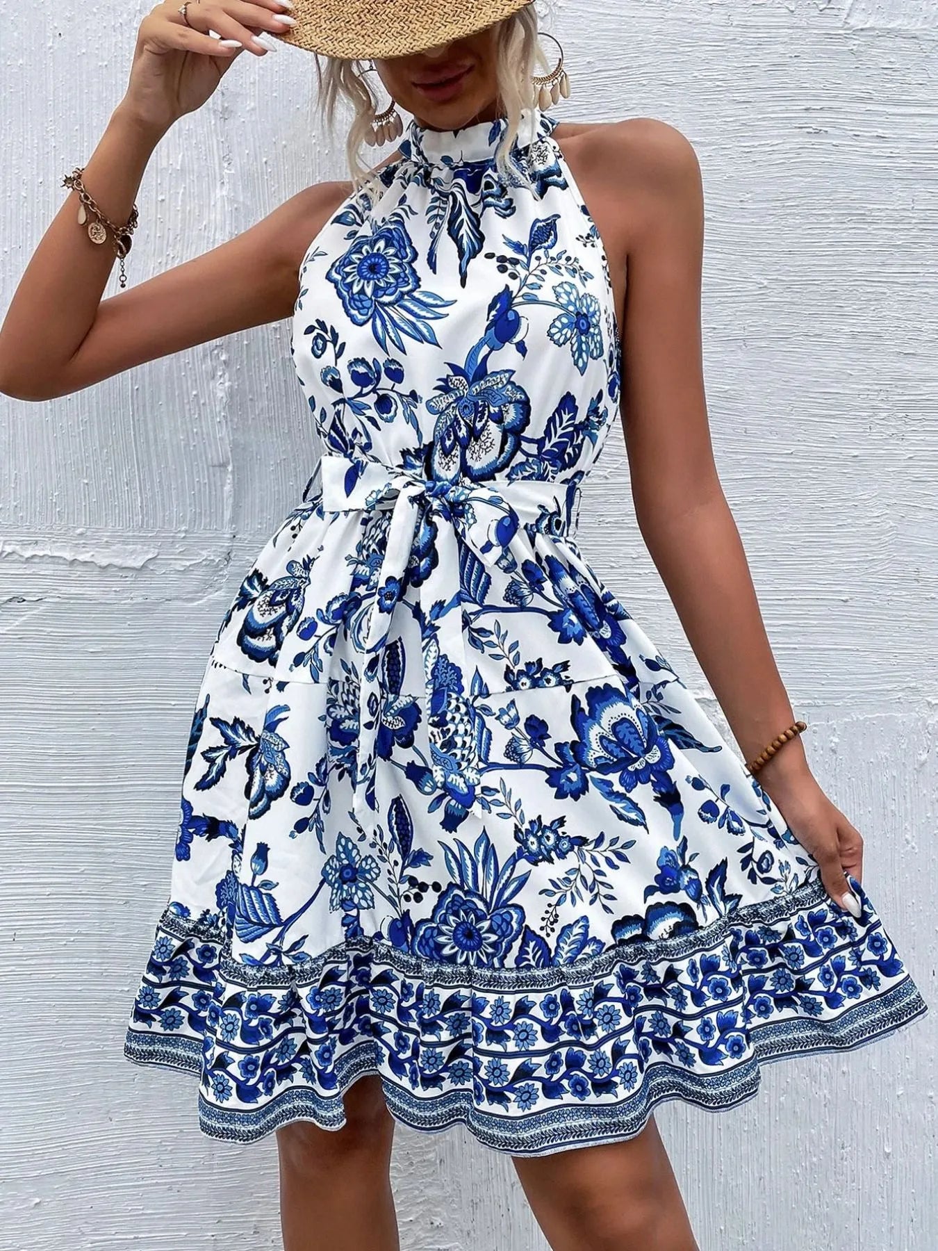 Floral Halter Neck Summer Dress with Belt - Shopiebay women's boutique