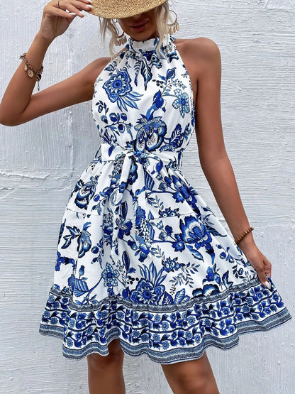 Floral Halter Neck Summer Dress with Belt - Shopiebay women's boutique