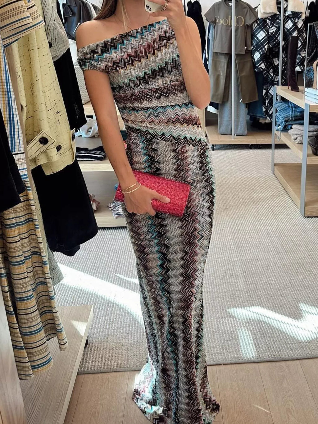 One-Shoulder Zigzag Knit Maxi Dress - product image 4