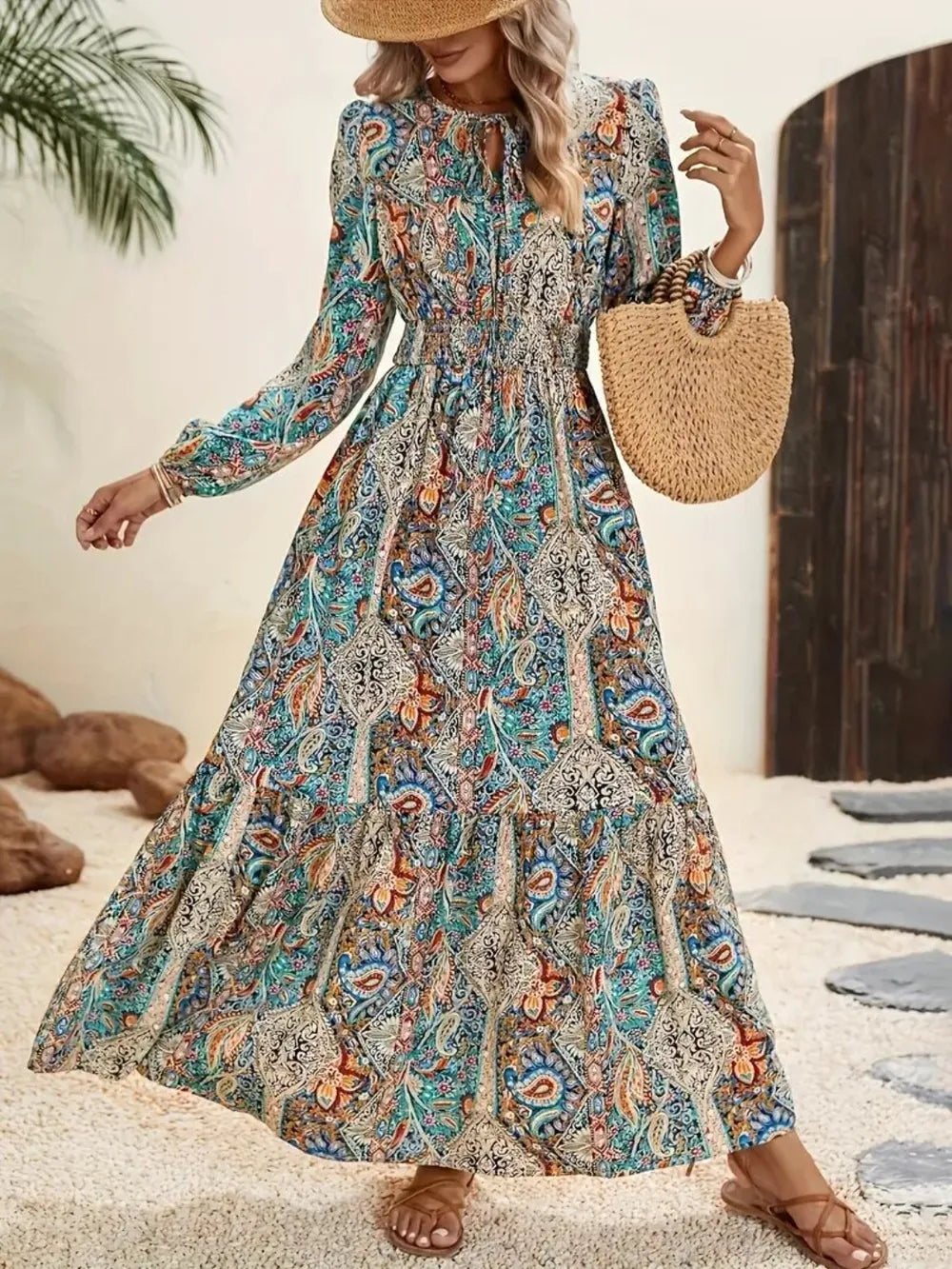 Printed Tie Neck Long Sleeve Maxi Dress - product image 4
