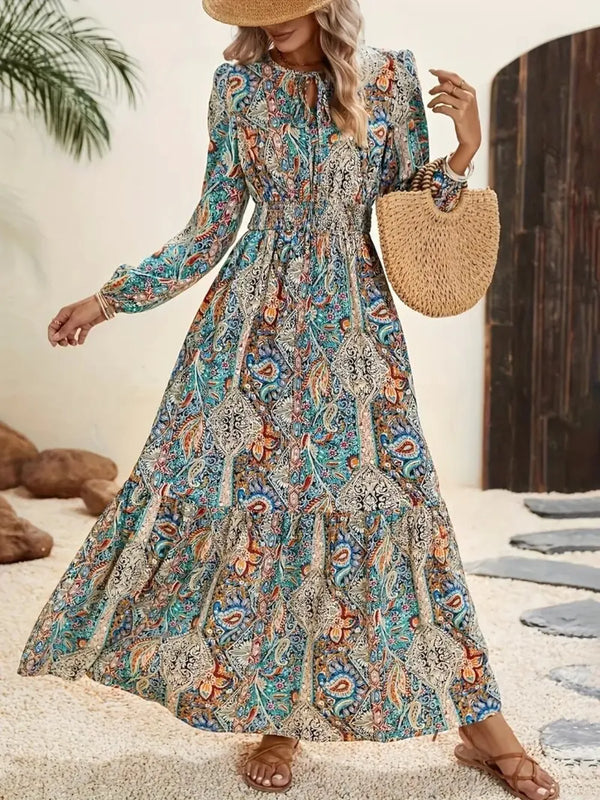Printed Tie Neck Long Sleeve Maxi Dress - product image 4