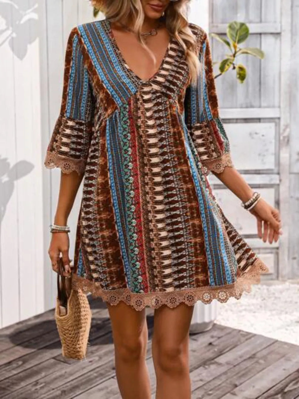 Lace Trim Printed V-Neck 3/4 Sleeve Dress - product image 12