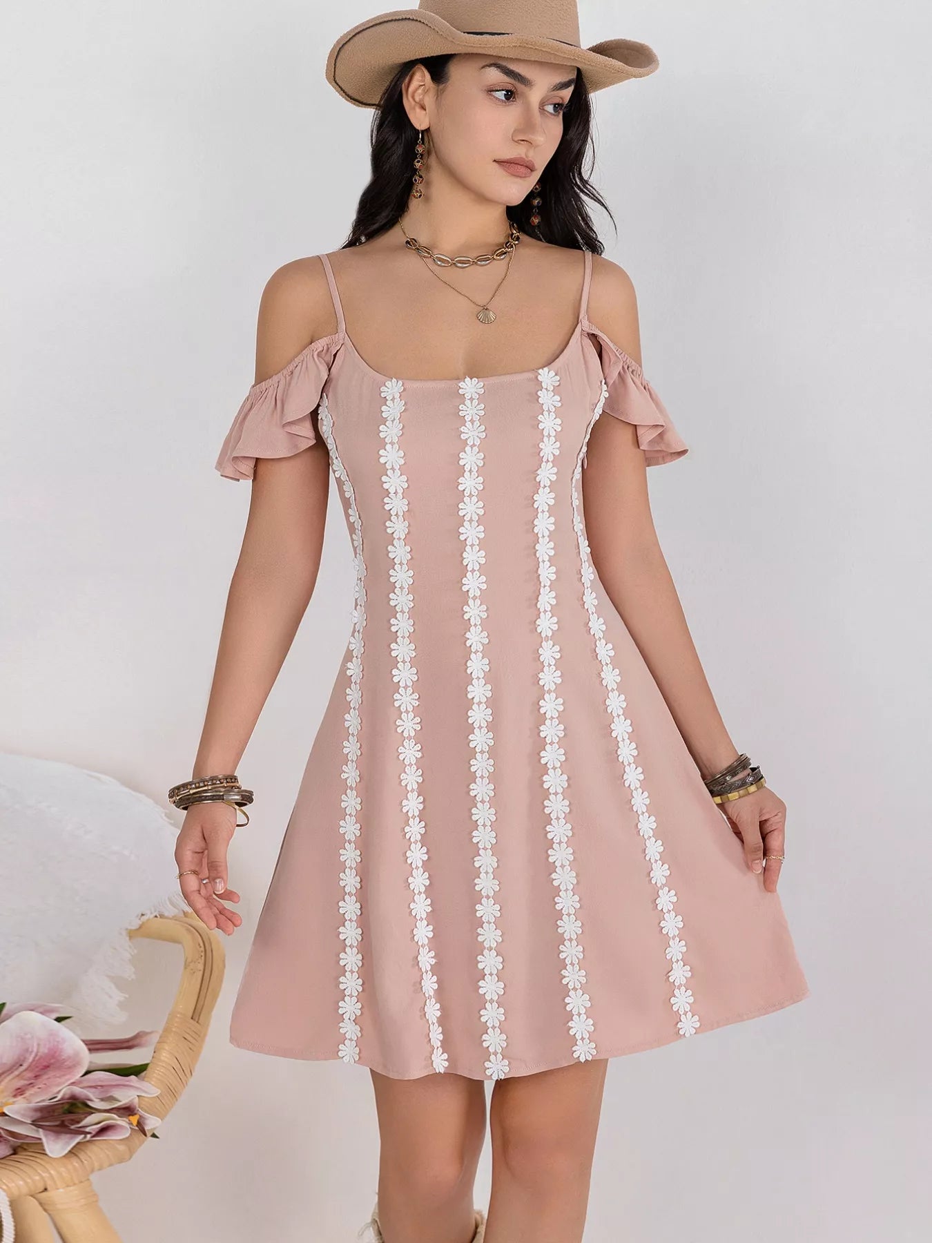 Floral Lace Trim Cold Shoulder A-Line Dress - Shopiebay women's boutique