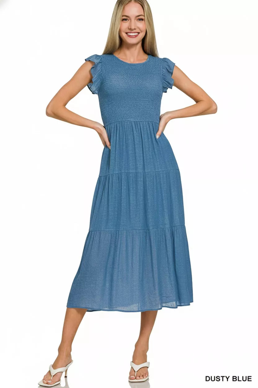 Zenana Woven Smocked Ruffle Sleeve Midi Dress view 3 - Shopiebay