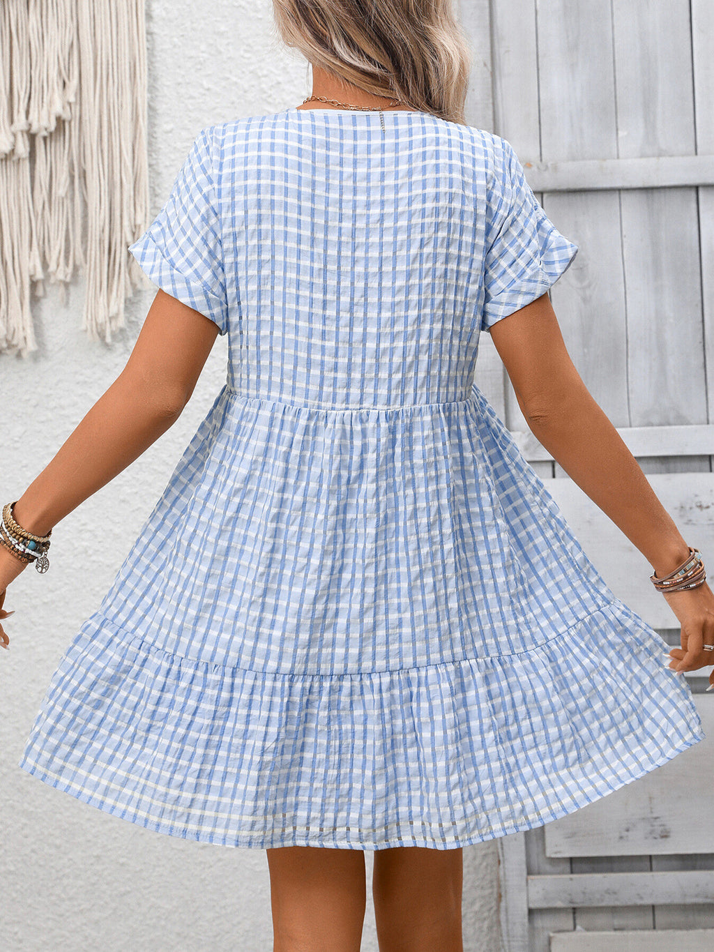 Plaid V-Neck Ruffle Hem Mini Dress - product image 6