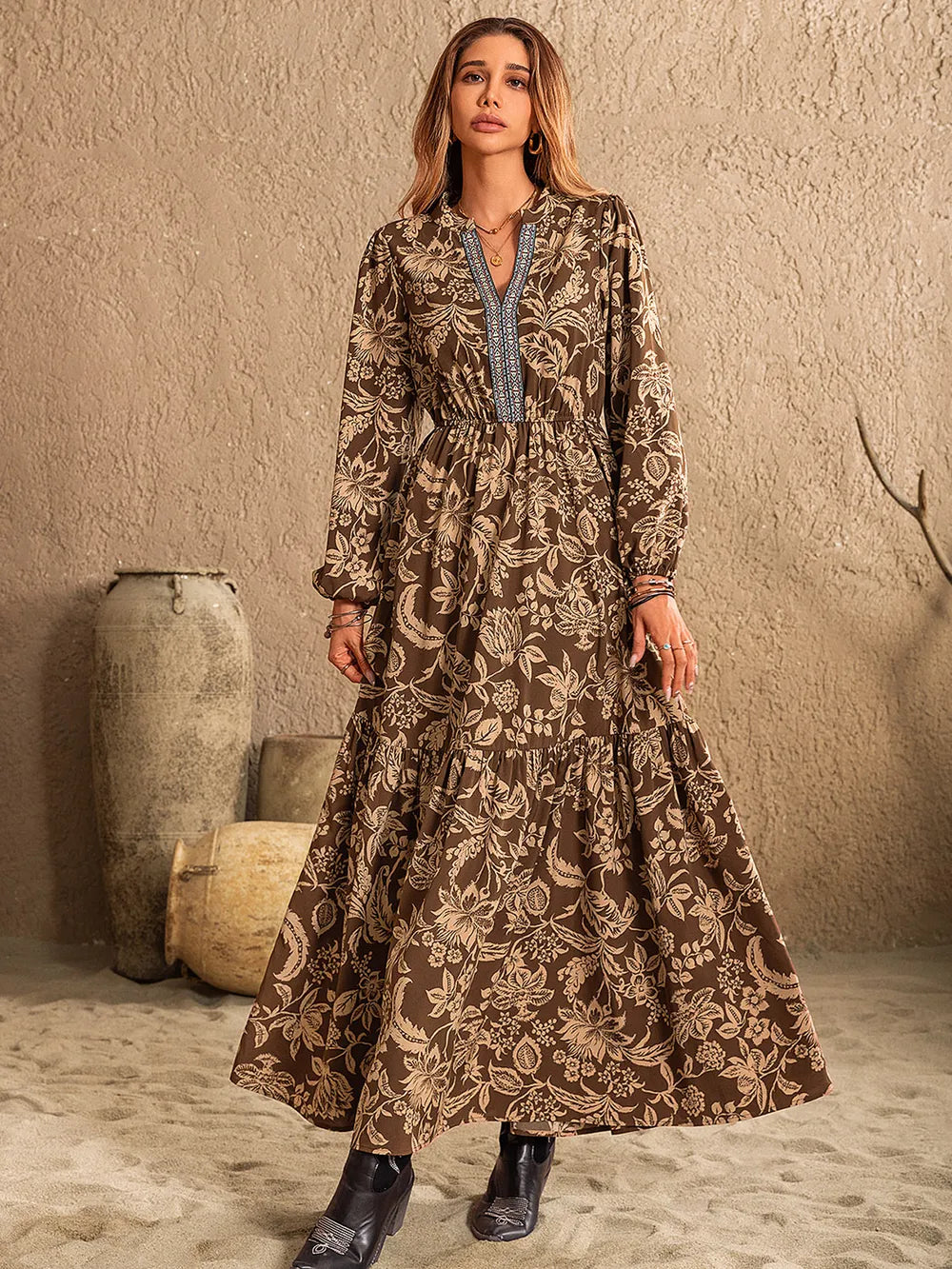 Ruched Printed Notched Long Sleeve Maxi Dress - product image 3