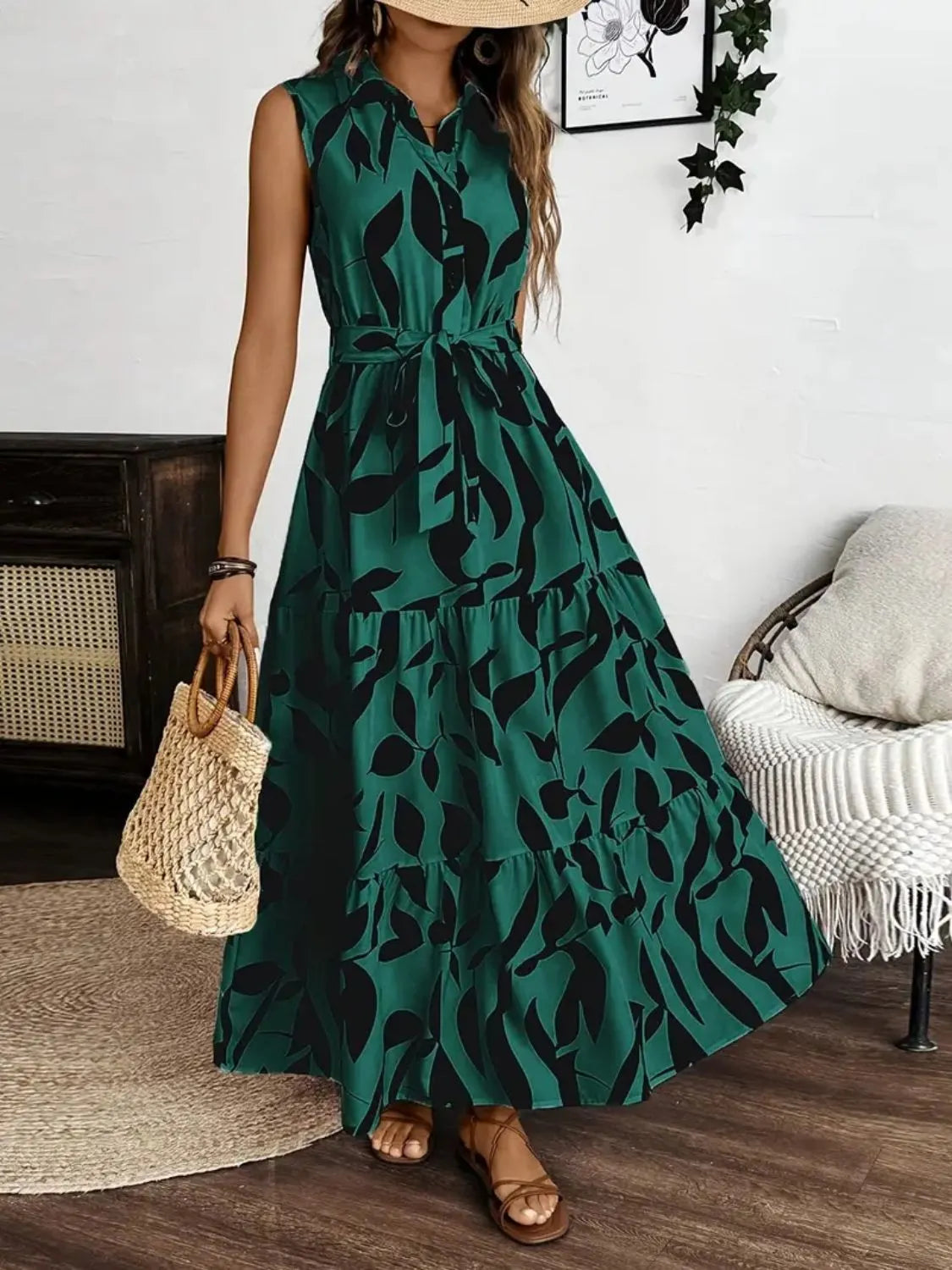 Printed Tie Waist Sleeveless Maxi Dress view 7 - Shopiebay