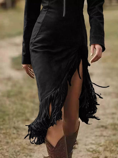 Full Size Fringe Hem Zip Front Bodycon Dress Plus Size view 3 - Shopiebay