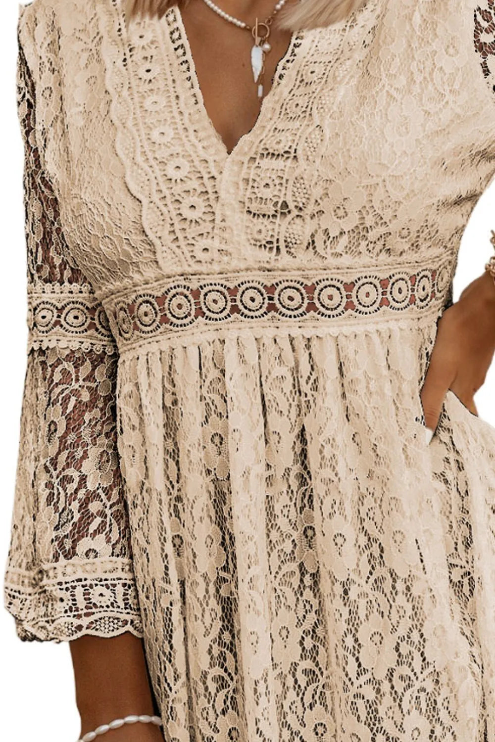 Lace V-Neck Three-Quarter Sleeve Dress view 3 - Shopiebay