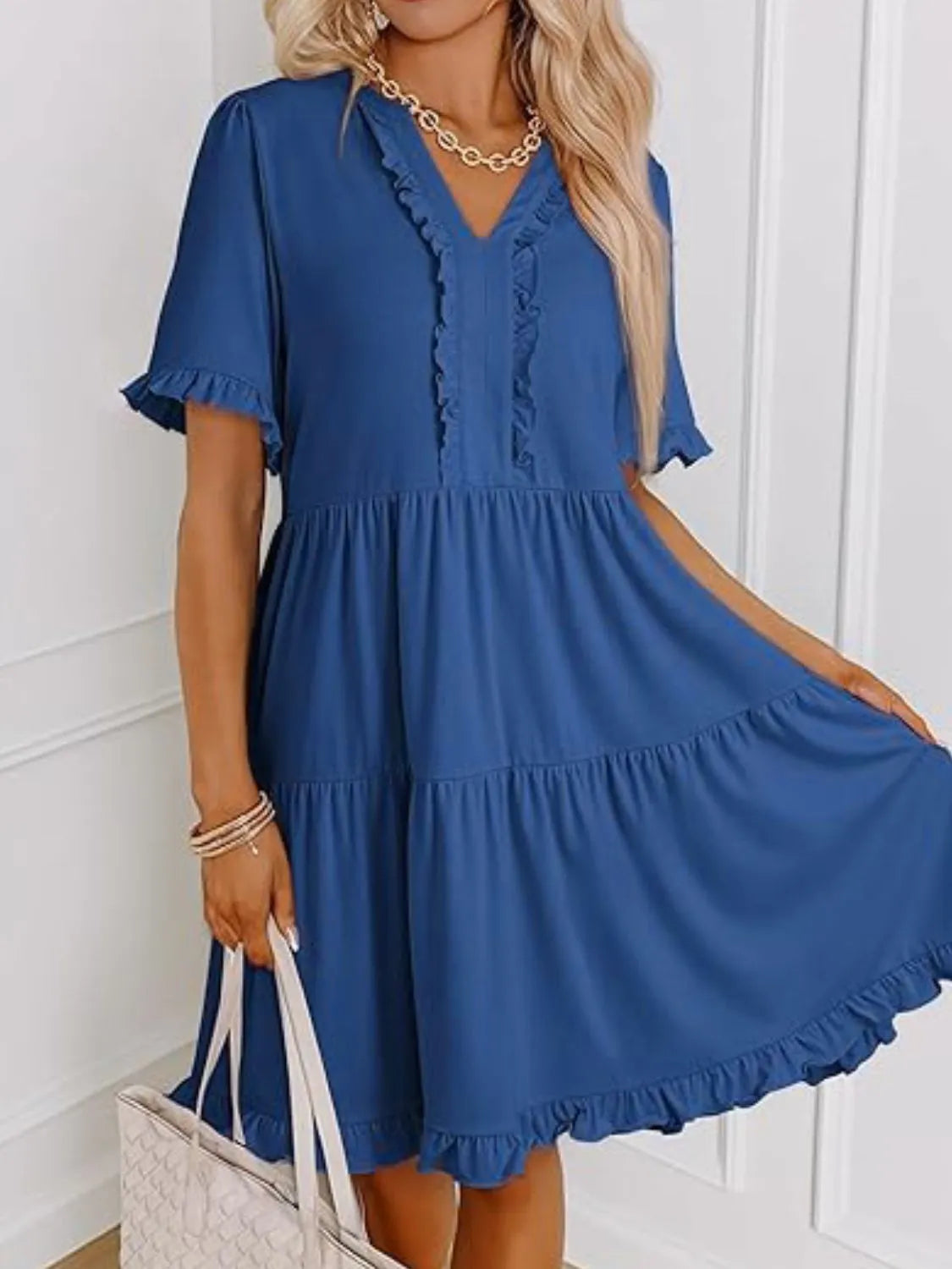 Tiered Notched Short Sleeve Mini Dress - product image 11