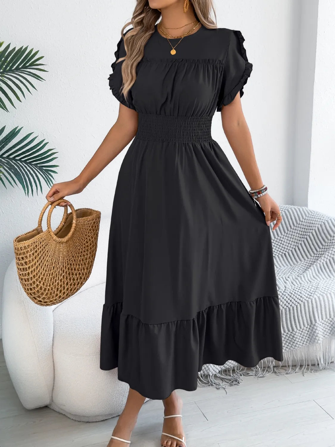 Smocked Frill Round Neck Midi Dress - product image 3