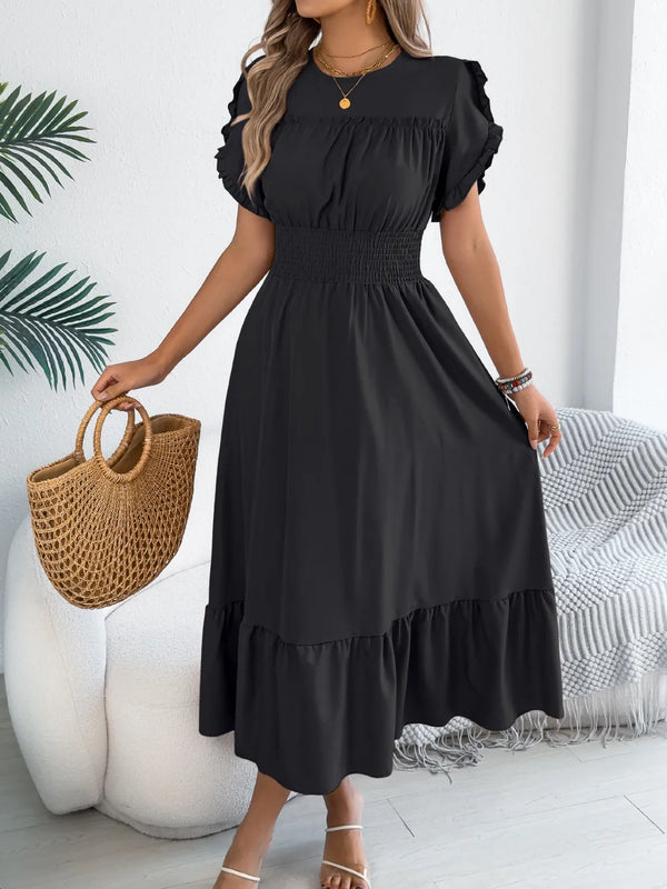 Smocked Frill Round Neck Midi Dress - product image 3