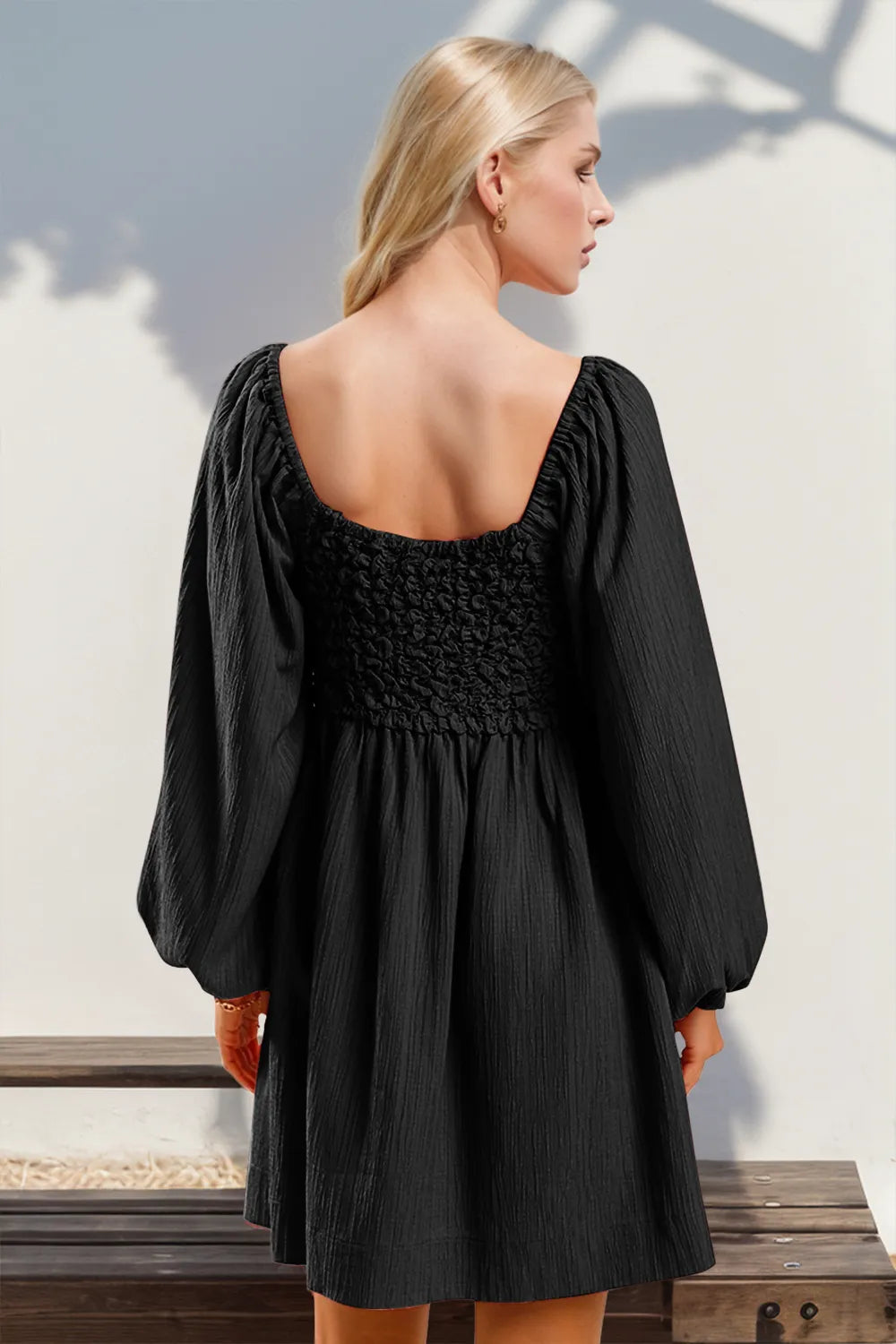 Double Take Texture Smocked Balloon Sleeve Mini Dress - product image 2