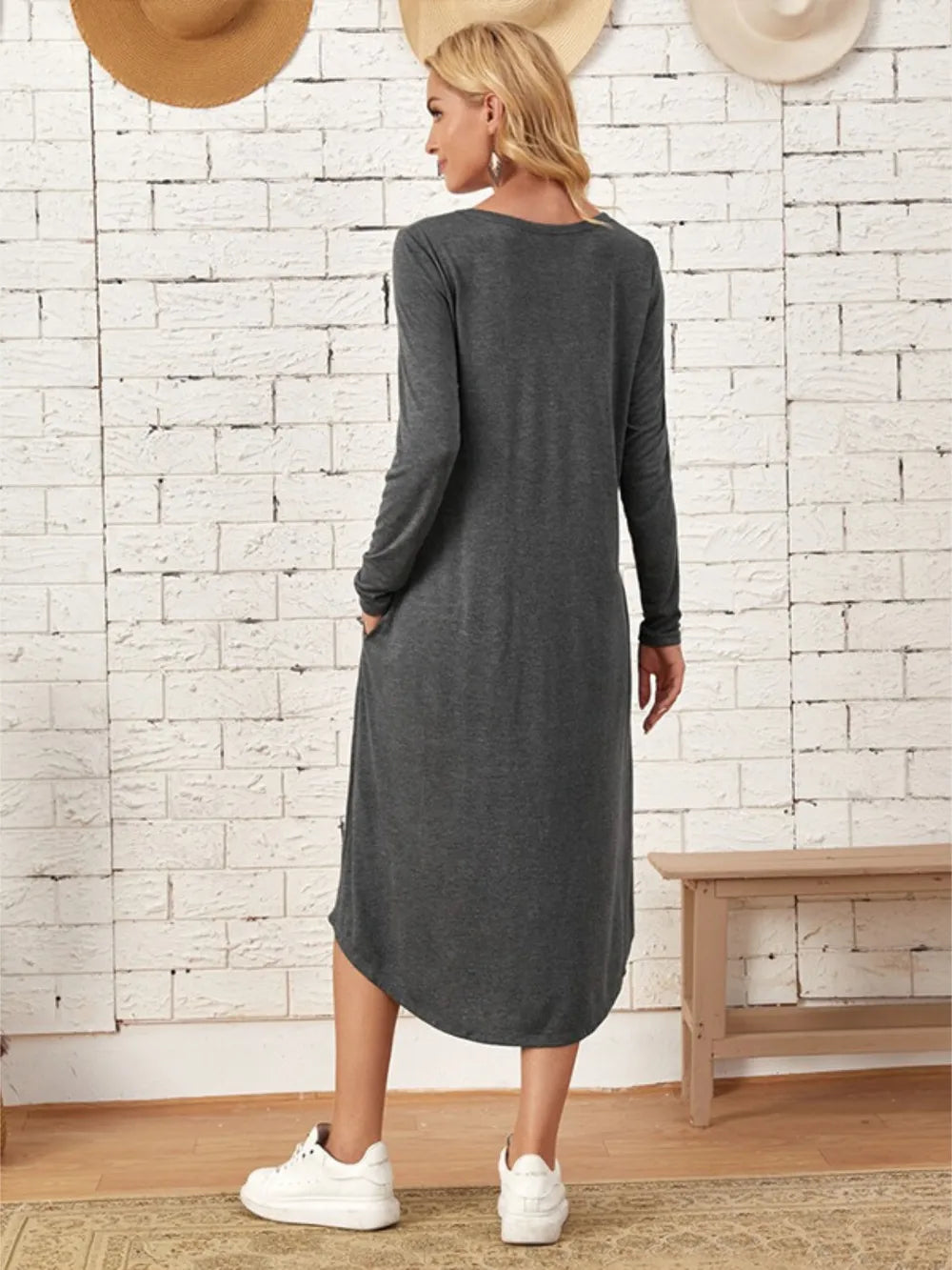 Pocketed Round Neck Long Sleeve Tee Dress view 9 - Shopiebay