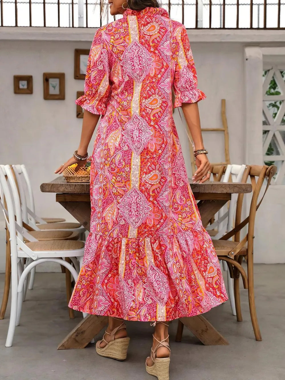 Printed Tie Neck Flounce Sleeve Midi Dress - product image 2