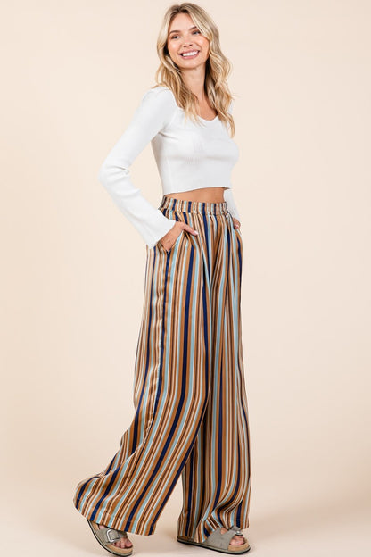 Mittoshop Striped Satin Elastic Waist Wide Leg Pants