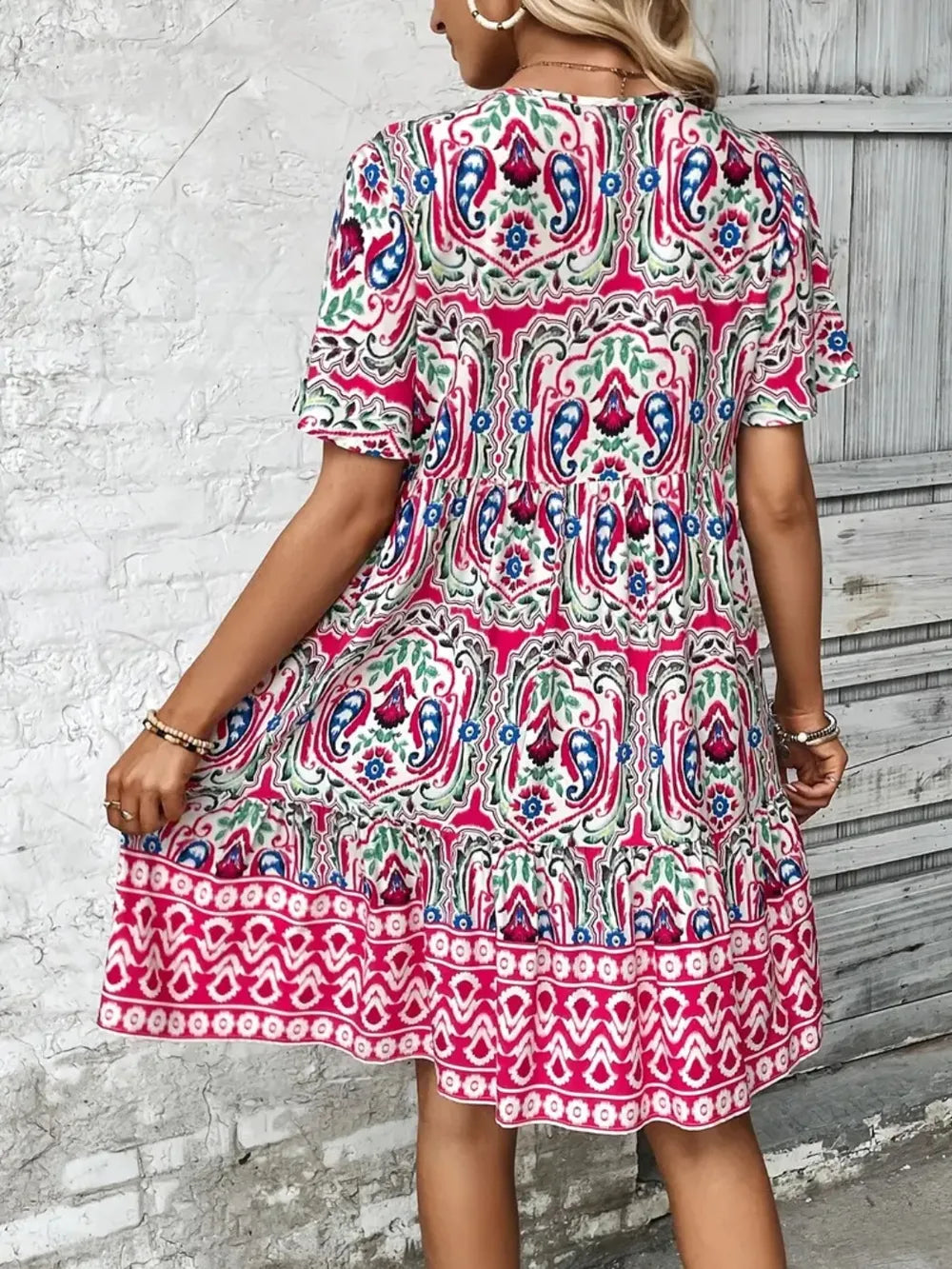 Printed Tie Neck Short Sleeve Dress view 6 - Shopiebay