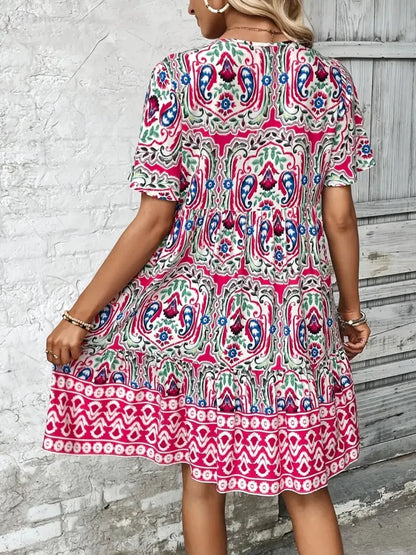 Printed Tie Neck Short Sleeve Dress view 6 - Shopiebay