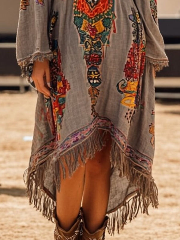 Fringe Hem Notched Long Sleeve Dress - product image 3