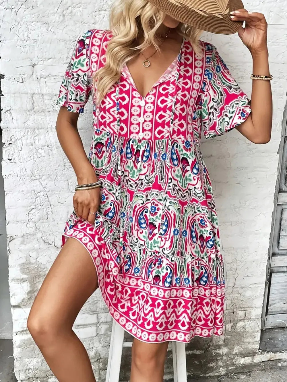 Printed Tie Neck Short Sleeve Dress view 4 - Shopiebay