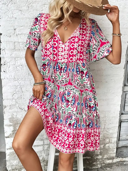 Printed Tie Neck Short Sleeve Dress view 4 - Shopiebay