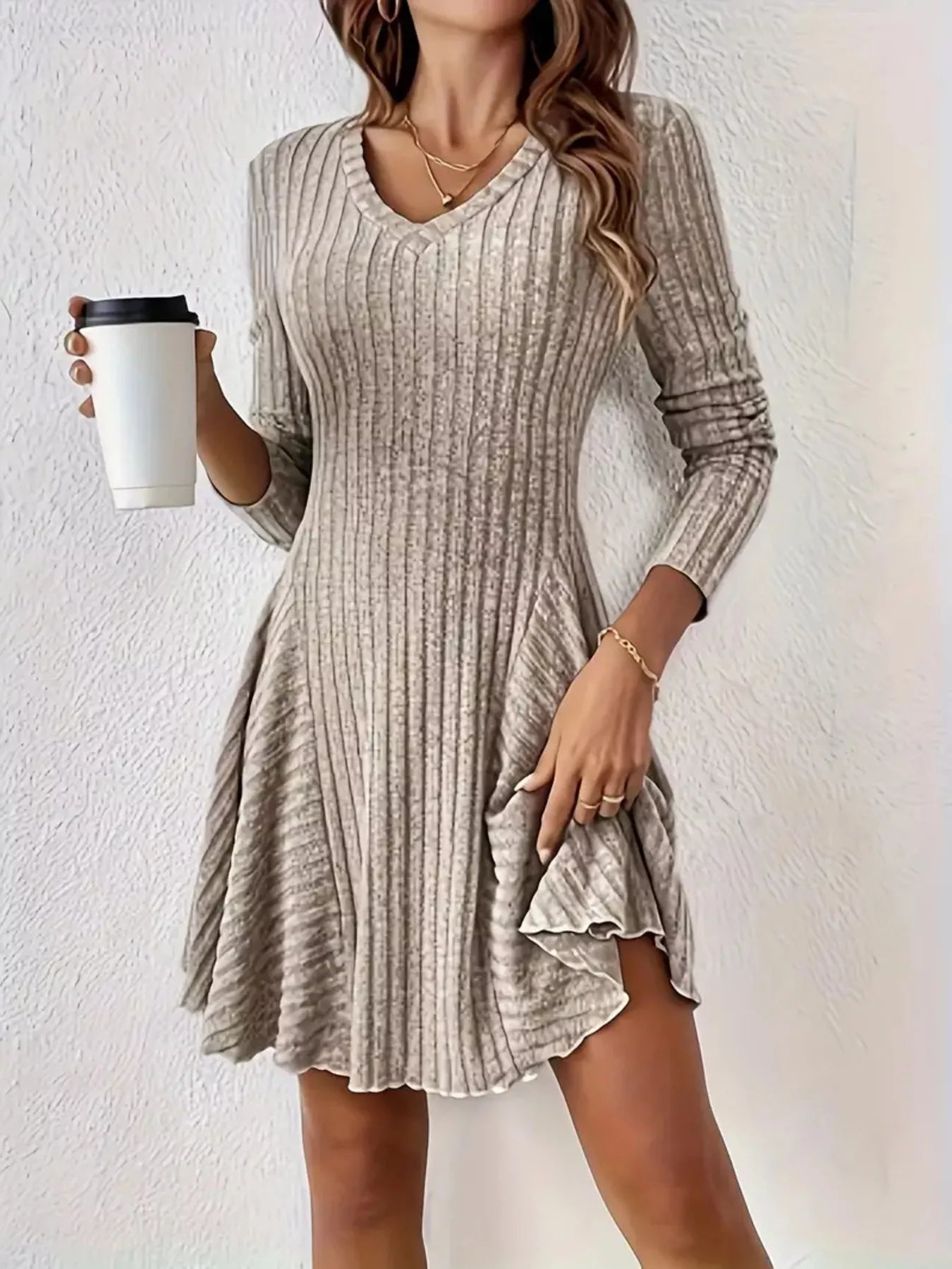 Ribbed Knit Long Sleeve A-Line Dress view 9 - Shopiebay