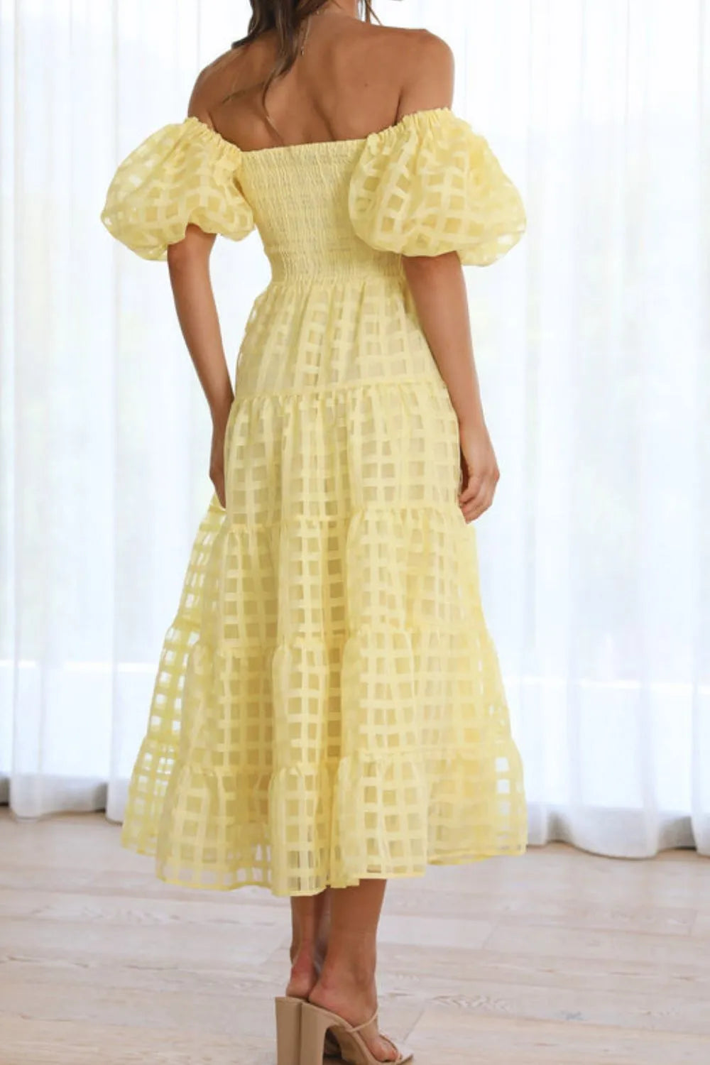 Off Shoulder Short Puff Sleeve Midi Dress view 11 - Shopiebay