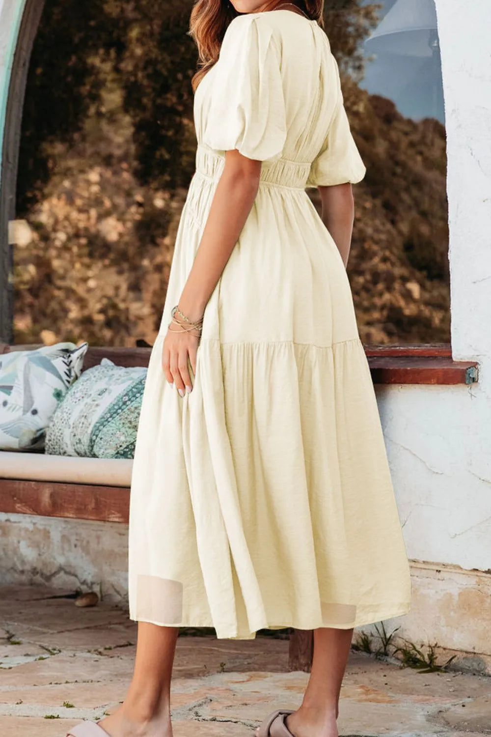 Puff Sleeve Pleated High Waist Flowy Midi Dress view 8 - Shopiebay