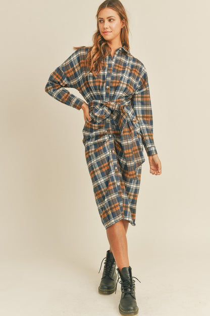 Mable Plaid Flannel Front Tie Button Down Shirt Dress