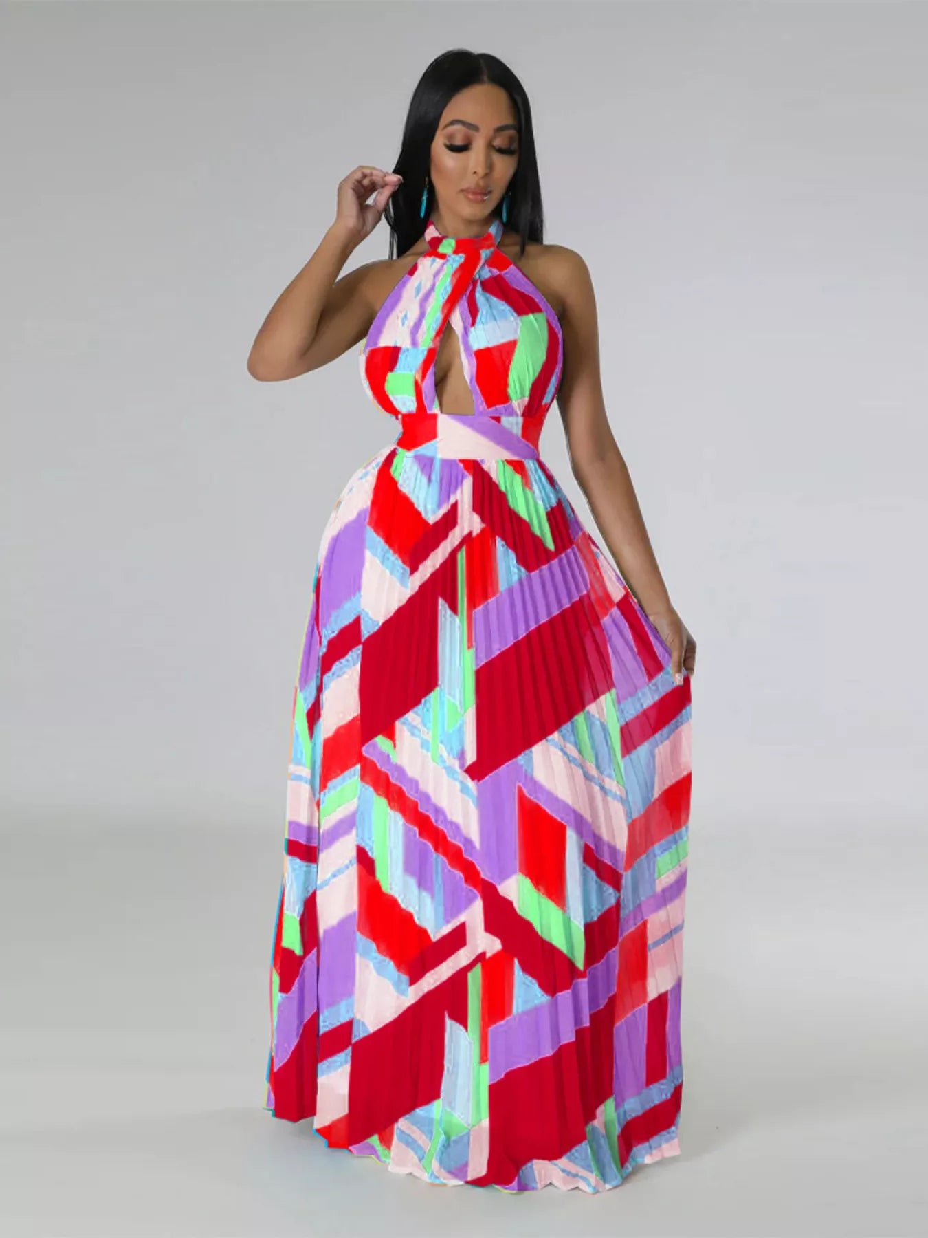 Halter Neck Geometric Print Pleated Maxi Dress Main image