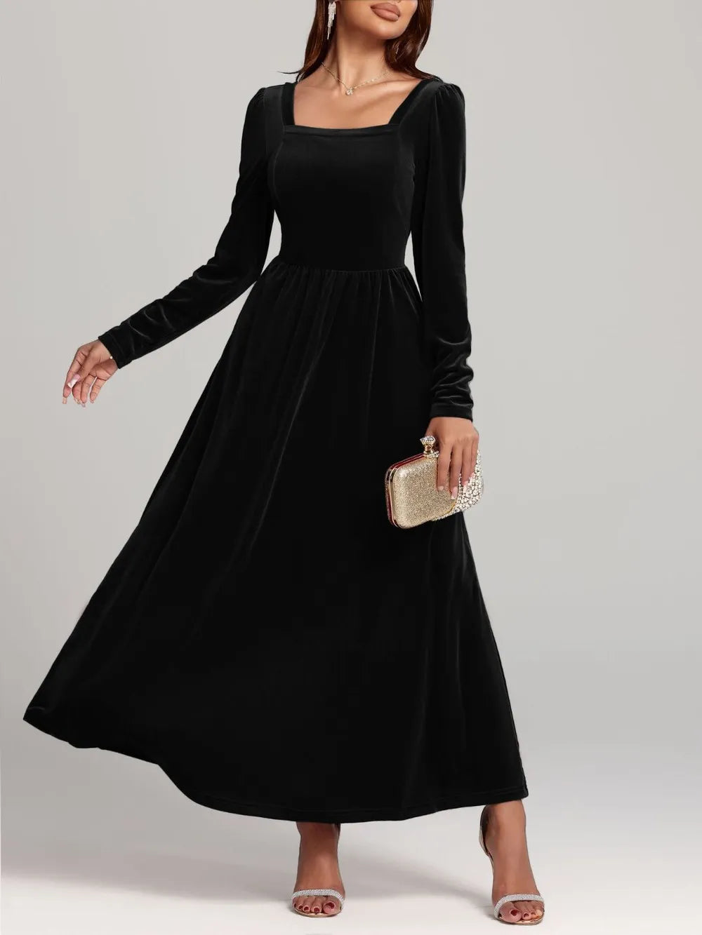 Velvet Square Neck Long Sleeve Dress Secondary image