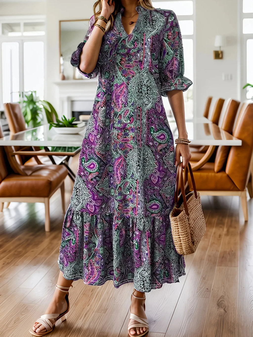 Bohemian Paisley Print Ruffle Hem Midi Dress - product image 7