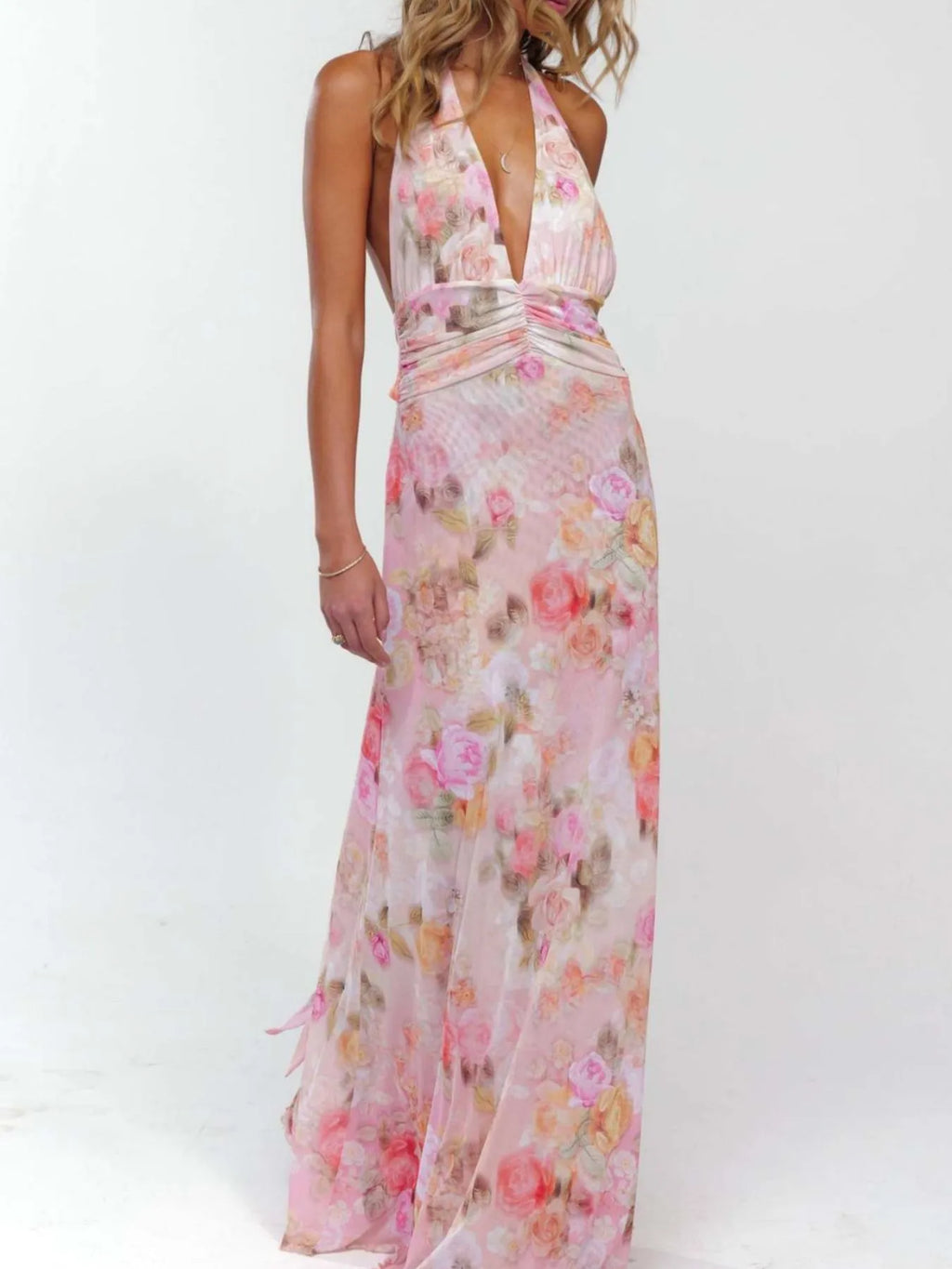 Floral Halter Neck Deep V Maxi Dress view 2 - Shopiebay