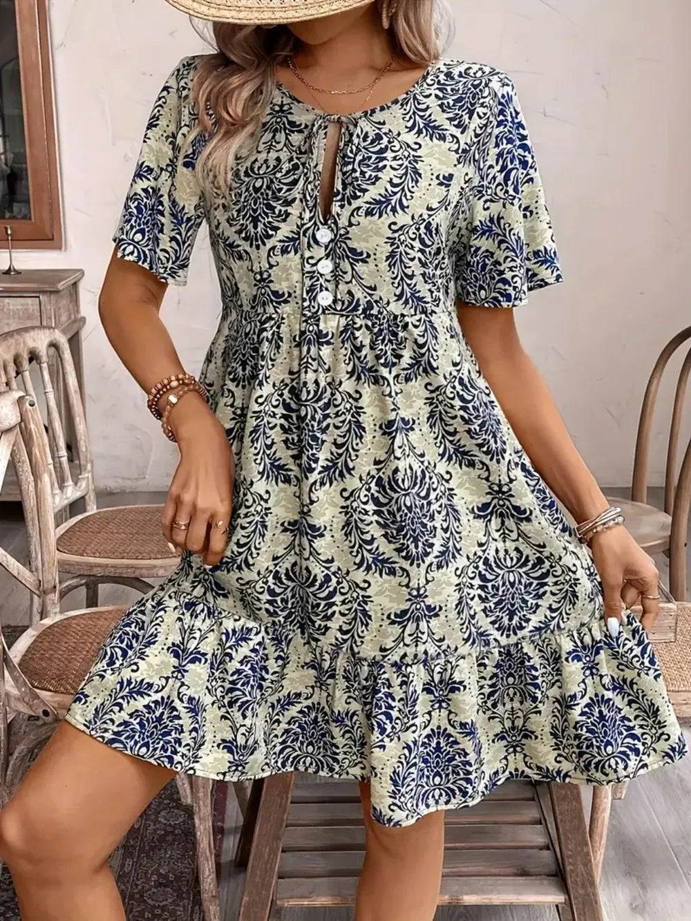 Printed Tie Neck Short Sleeve Dress view 11 - Shopiebay