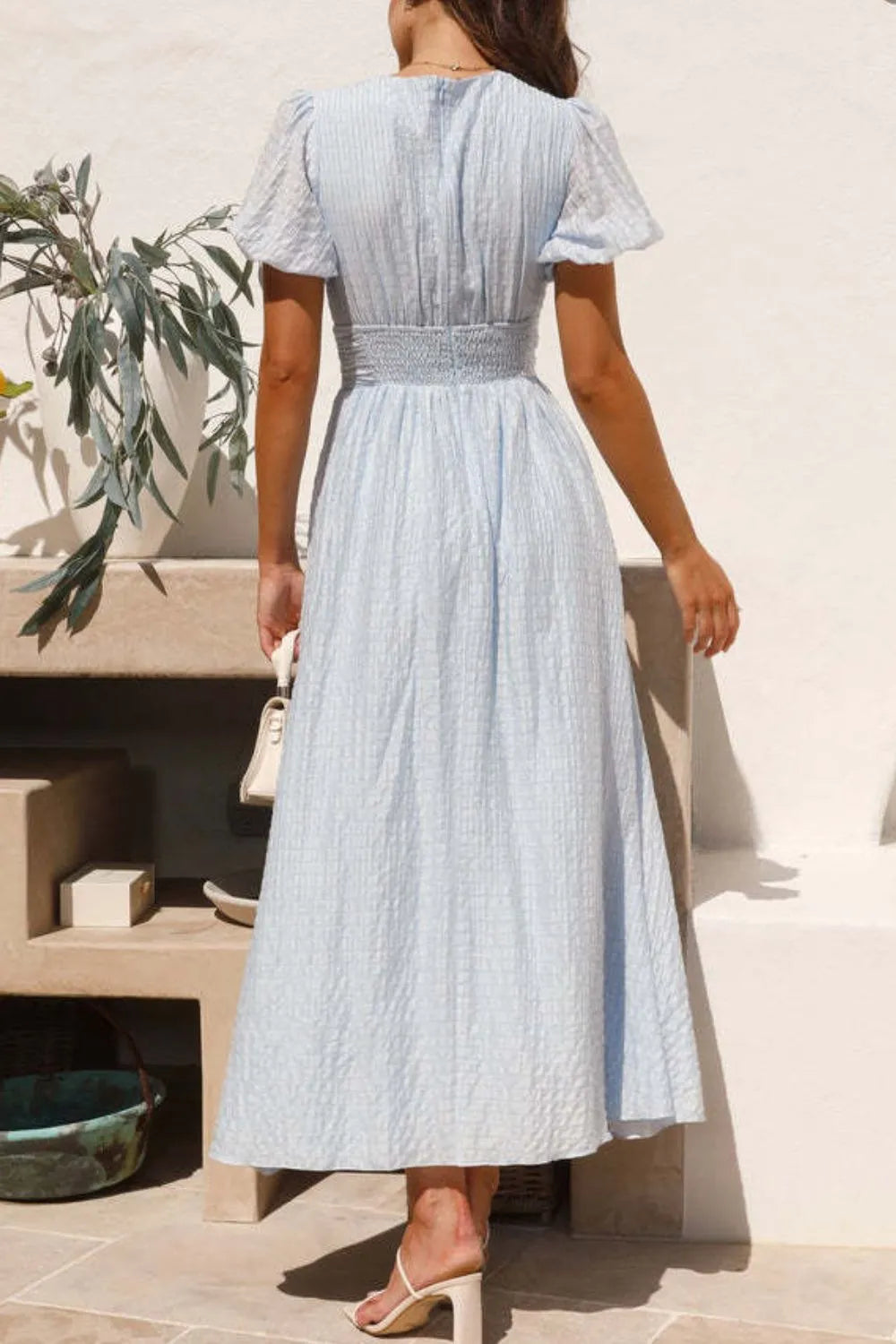 V-Neck Puff Short Sleeve Midi Dress - product image 2